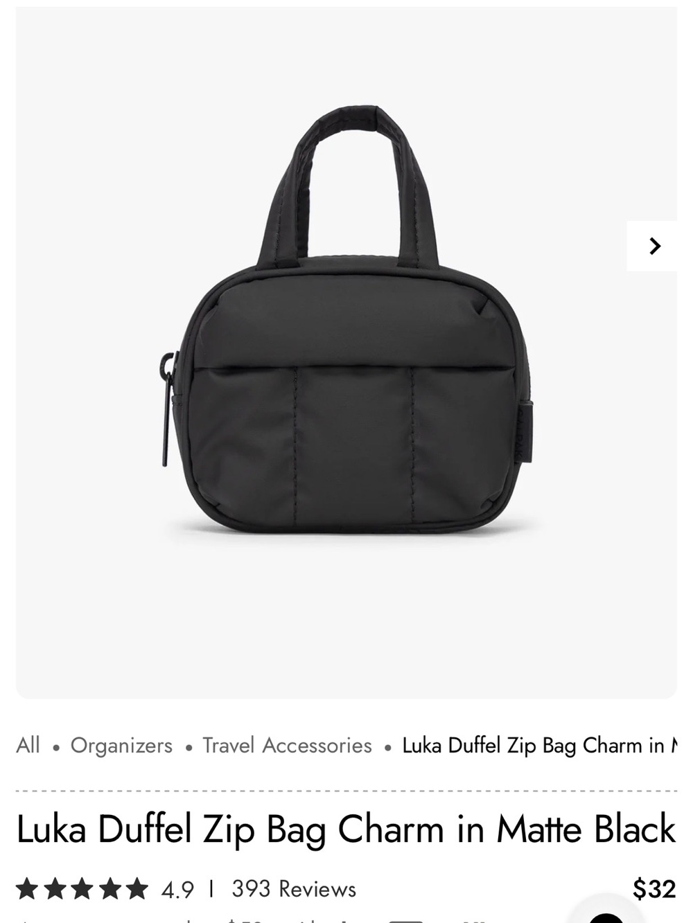 New Luka Duffel Zip Bag Charm in Matte Black